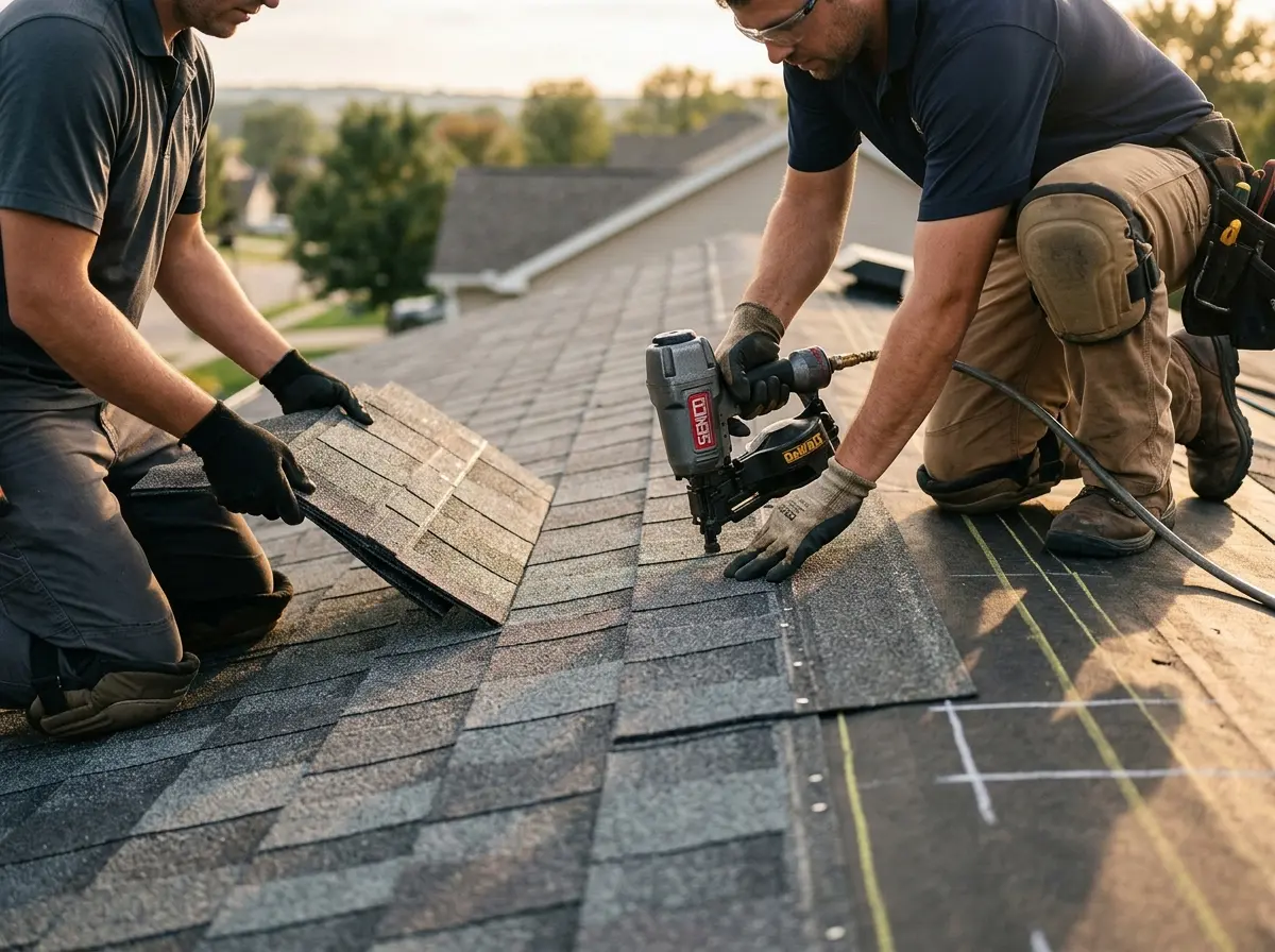 Professional roofer working on a residential roof in Leacock